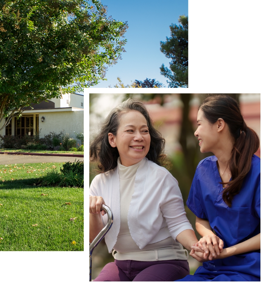 Nurse with guest and front of facility